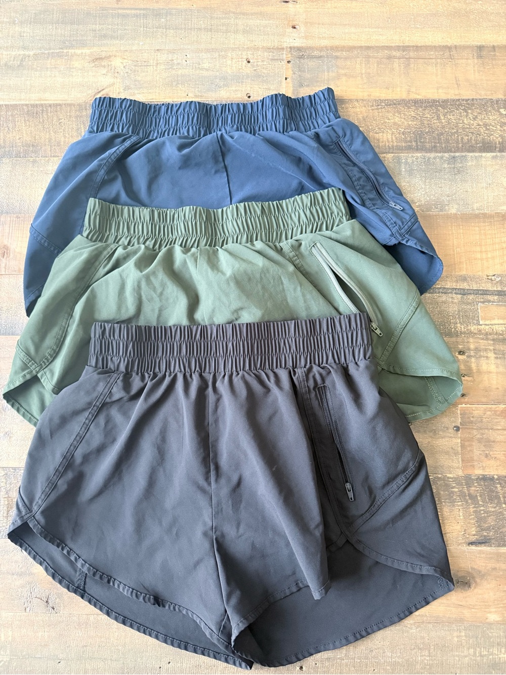 Women's Athletic Zip-Pocket Shorts — Black, Olive & Navy